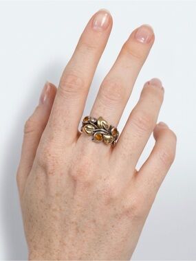 18k Gold & Sterling Silver 925 Barbara Bixby Citrine Vine Leaf Ring size 9